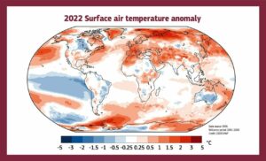 Temperatura del aire en 2022 a una altura de dos metros, mostrada en relación con su media de 1991-2020. / ERA5/Copernicus Climate Change Service/ECMWF