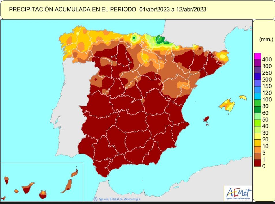 Mapa de España con la precipitación acumulada en los 12 primeros días de abril | Imagen de Aemet