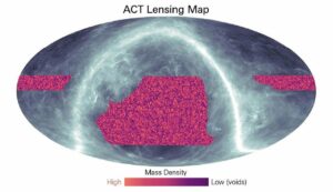 Nuevo mapa de materia oscura en el que las regiones naranjas muestran dónde hay más masa, y las púrpuras, dónde hay menos o ninguna. La banda blanquecina muestra la luz contaminante del polvo de nuestra Vía Láctea, que impide una visión más profunda. / ACT Collaboration