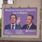 Podemos coloca una lona en Ventas con la imagen de Florentino Pérez pegando una colleja a José Luis Martínez-Almeida / Foto: Podemos Madrid