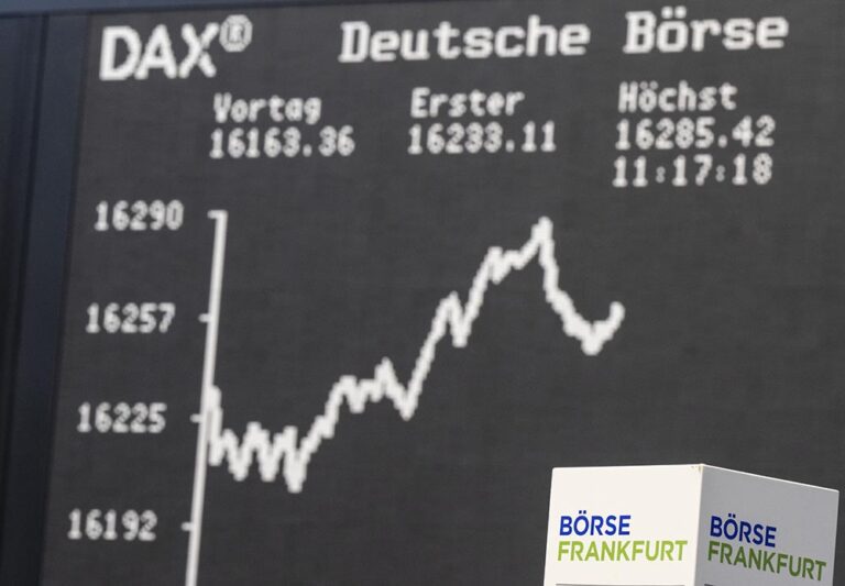 El índice bursátil DAX en el marcador de la Bolsa. En un principio no se alcanzó el máximo histórico previsto al inicio de la negociación, pero finalmente ganó un 0,8 por ciento hasta los 16.292 puntos, superando el máximo registrado en noviembre de 2021. Foto: Boris Roessler/dpa Crédito: Boris Roessler/dpa