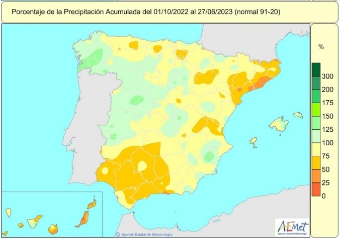 La falta de lluvias acumulada en España del 1 de octubre de 2022 al 27 de junio de 2023 es del 15% / Foto: AEMET