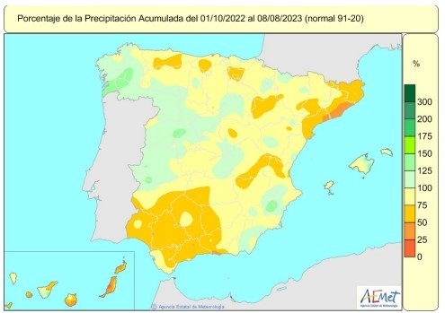 El déficit de lluvias acumulado en el conjunto de España desde el 1 de octubre de 2022 al el 8 de agosto sube al 16%