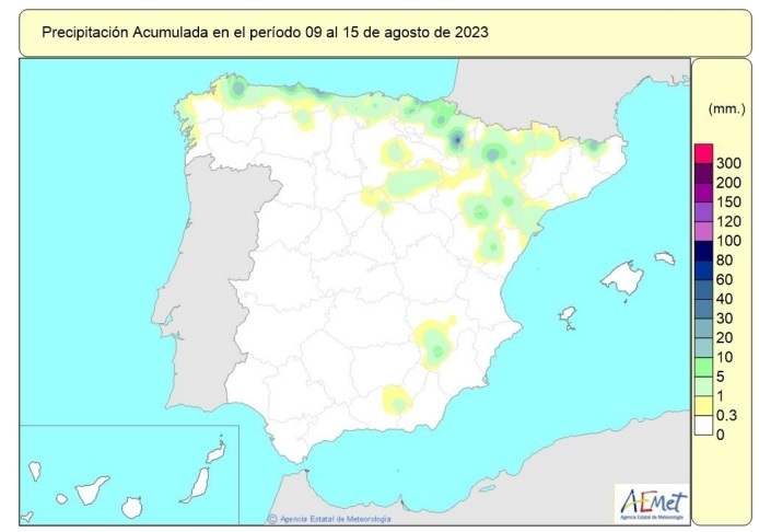 El déficit de lluvias acumulado en España desde el 1 de octubre de 2022 al 15 de agosto de 2023 se eleva al 17%