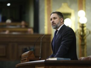 El líder de Vox, Santiago Abascal, durante el debate de investidura. (Foto: Congreso)