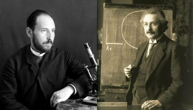 Solo el 8 % de los encuestados españoles menciona a Santiago Ramón y Cajal (izquierda), considerado el padre de la neurociencia moderna, entre los científicos más importantes de la historia, según el estudio de la Fundación BBVA. El físico Albert Einstein encabeza la lista. / ZEISS Microscopy/ Ferdinand Schmutzer-Adam Cuerden