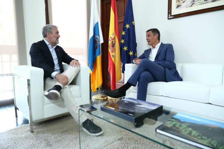 El presidente del Gobierno, Pedro Sánchez, junto al presidente de Canarias, Fernando Clavijo, en Santa Cruz de La Palma. (Foto: Pool Moncloa/Fernando Calvo)