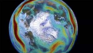 La corriente en chorro polar puede viajar a velocidades superiores a 160 km/h. Aquí, los vientos más rápidos están coloreados en rojo; los más lentos, en azul. / NASA/Goddard Space Flight Center