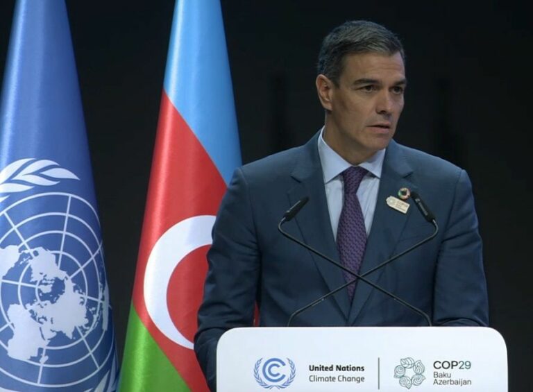 El presidente del Gobierno, Pedro Sánchez, durante su discurso en la COP29 de Bakú