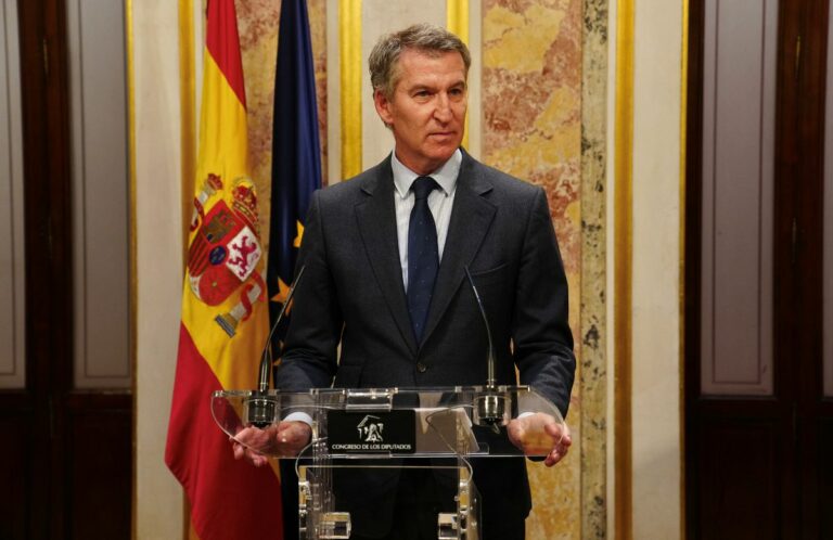 El líder del PP, Alberto Núñez Feijóo, en una rueda de prensa en el Congreso. (Foto: PP)