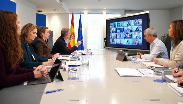 Alberto Núñez Feijóo junto a la cúpula del PP en una videoconferencia con los presidentes autonómicos del partido. (Foto: PP)