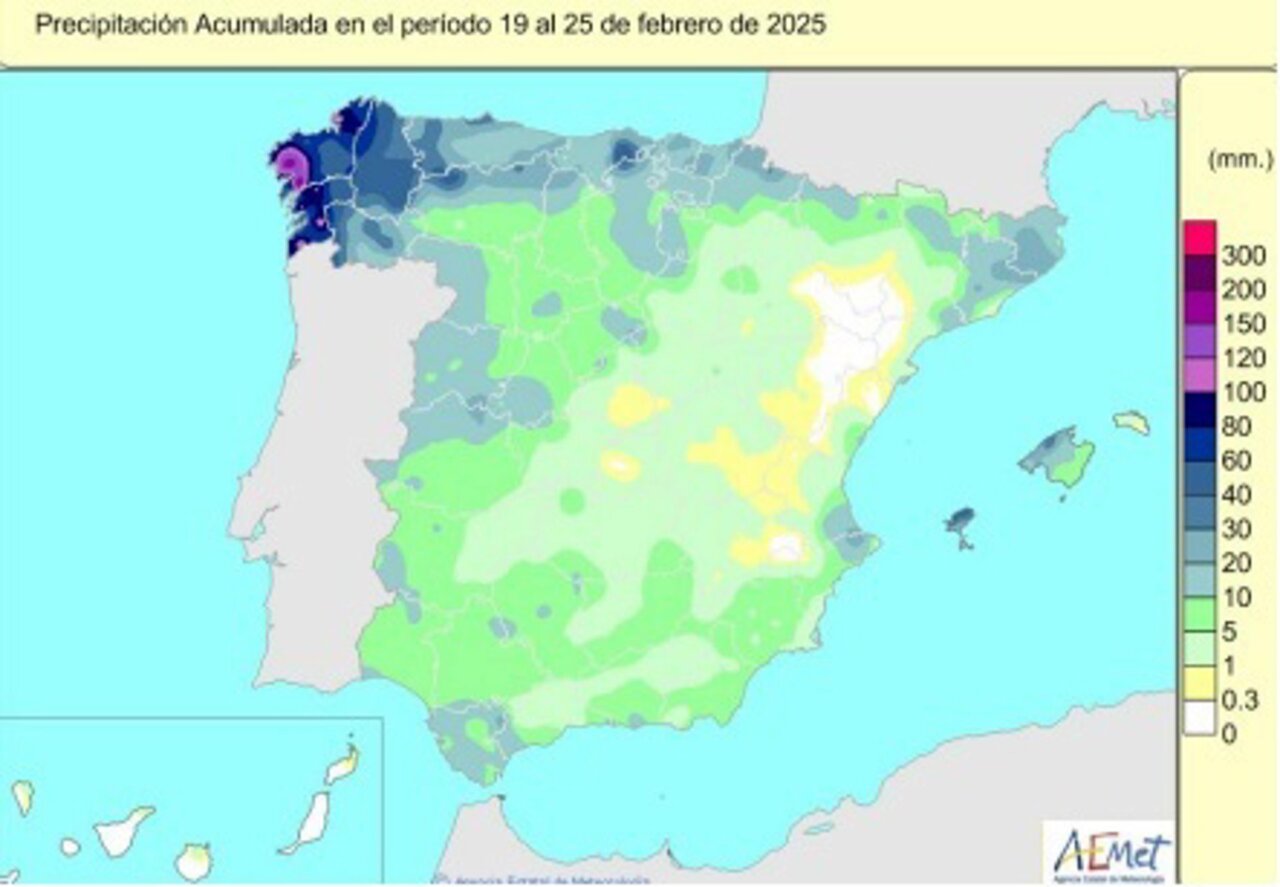 Las lluvias acumuladas desde el 1 de octubre se cifran en 328 l/m2, casi un 3% menos que el valor normal. - AEMET
