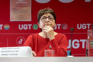 La presidenta de 7291 Verdad y Justicia, María Jesús Valero, ofrece una rueda de prensa sobre la construcción de residencias en Madrid, en la sede de UGT, a 12 de marzo de 2025, en Madrid (España) (Foto: Diego Radamés - Europa Press)