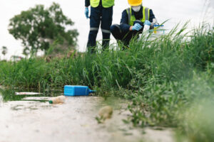 Chemical Tanks, Toxic Waste or Suspicious Pollutants Float on the Rotten Smelly Pond Water Sources Surface with Environmental Engineers Monitoring the Water Quality in the Background.