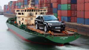 Coche de jaguar land rover en un barco de mercancias