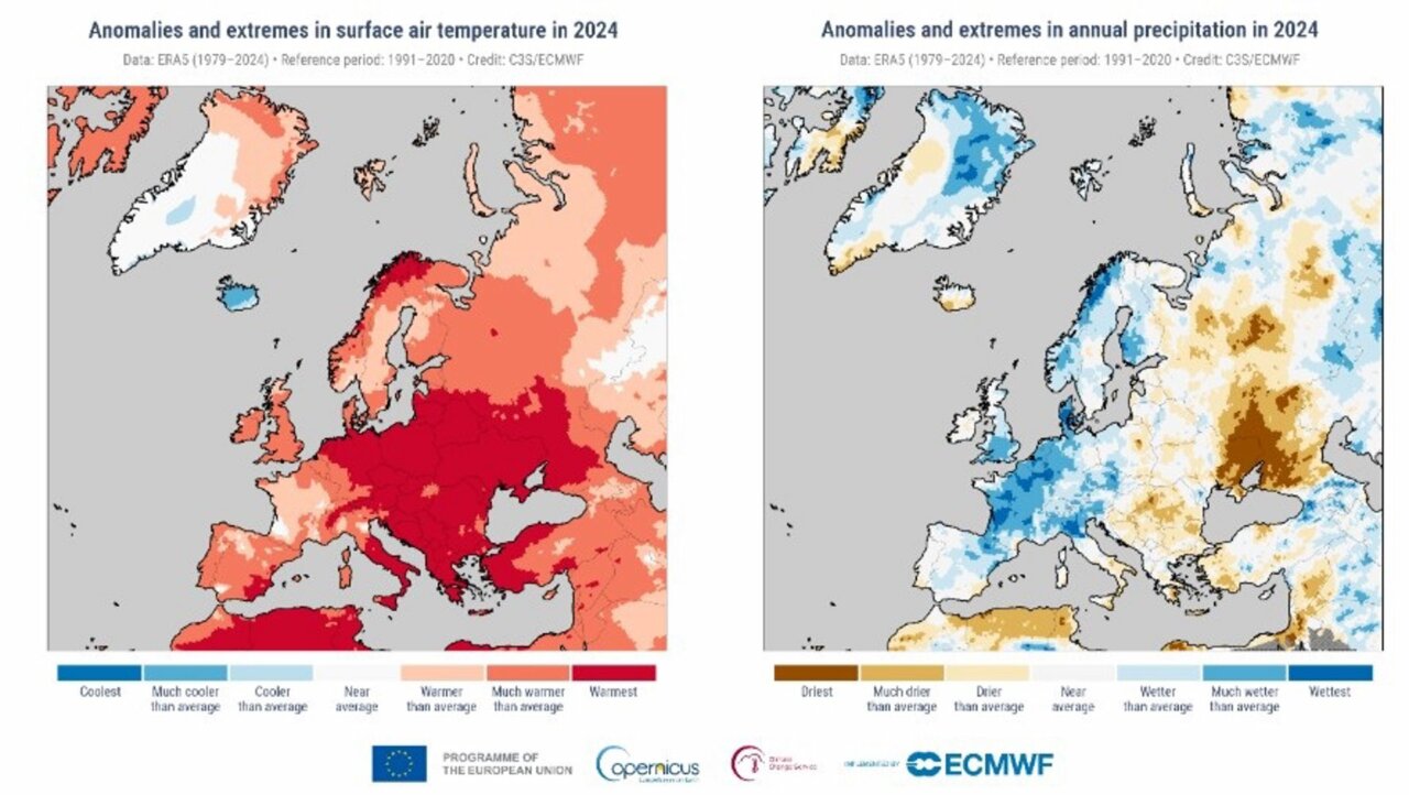 Anomalías y extremos en la temperatura anual del aire en superficie en 2024 (Izquierda) Anomalías y extremos de las precipitaciones anuales en 2024 (Derecha). - C3S Anomalías y extremos en la temperatura anual del aire en superficie en 2024 (Izquierda) Anomalías y extremos de las precipitaciones anuales en 2024 (Derecha). - C3S