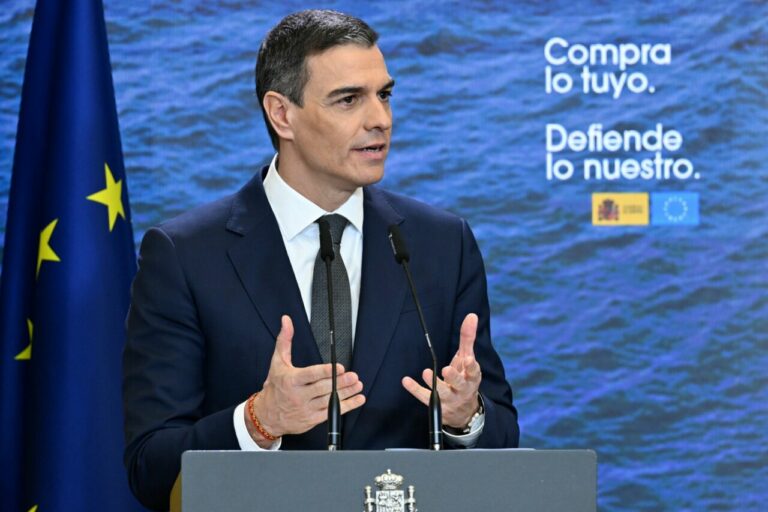 El presidente del Gobierno, Pedro Sánchez, en un encuentro con representantes del tejido productivo español sobre la respuesta a la amenaza arancelaria. (Foto: Pool Moncloa/Borja Puig de la Bellacasa)