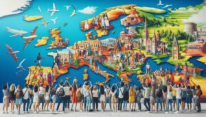 muchos turistas en un mapa de europa