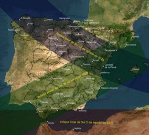 En la imagen se ven sombreadas las zonas de totalidad y de anularidad de cada uno de los eclipses en España./ Instituto Geográfico Nacional / Ministerio de Transportes