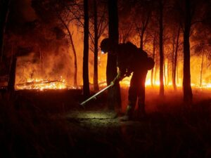 Un bombero trabaja para eimpedir que el incendio se propague (Foto: Eduardo Sanz - Europa Press)