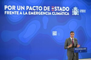 El presidente del Gobierno, Pedro Sánchez, en el acto 'Por un pacto de Estado frente a la emergencia climática', en el complejo ministerial de Cuzco. (Foto: Pool Moncloa/Borja Puig de la Bellacasa)