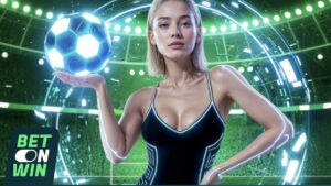 Mujer sosteniendo un balón de fútbol en un estadio iluminado
