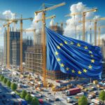 Bandera de la Unión Europea ondeando en un sitio de construcción