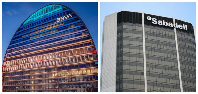 Edificios de BBVA y Banco Sabadell en una imagen dividida.