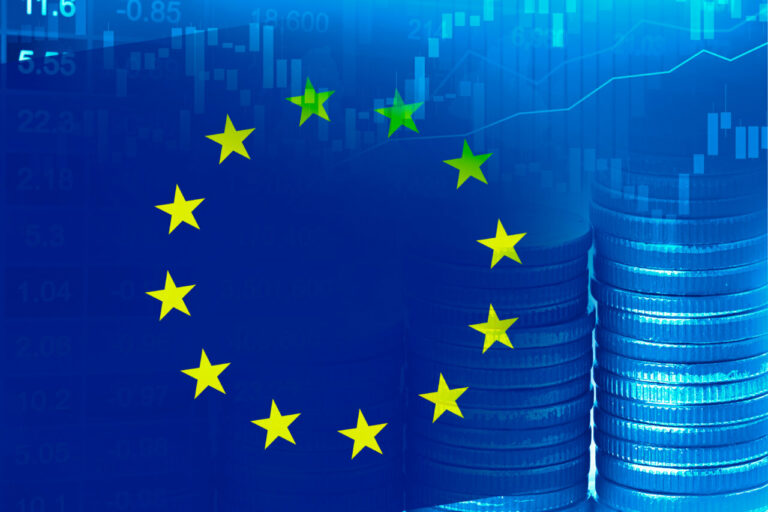 Gráfica de la Bolsa Europea con monedas y estrellas de la UE.