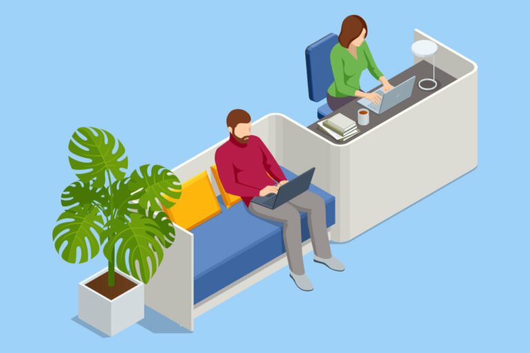Ilustración de dos personas trabajando en un piso compartido