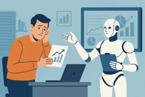 Un hombre preocupado revisa gr&aacute;ficos mientras un robot le explica datos