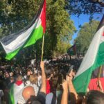 Multitud de personas sosteniendo banderas palestinas en una manifestación