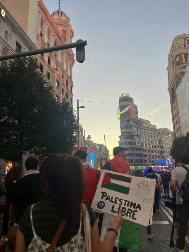 Persona sosteniendo un cartel en una manifestación por Palestina en Madrid.
