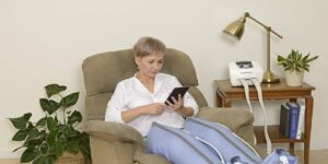 Mujer usando máquina de presoterapia Lympha Press en casa.