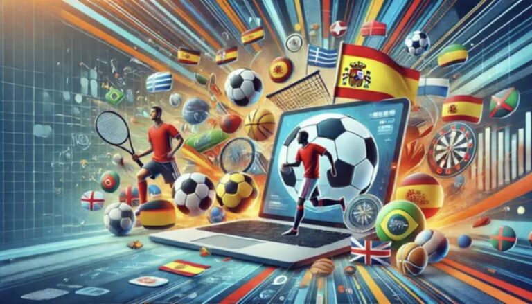 Ilustración de deportes y apuestas en línea con banderas y pelotas