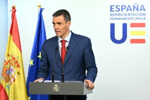 El presidente del Gobierno, Pedro Sánchez, en la rueda de prensa tras la reunión del Consejo Europeo, en Bruselas. (Foto: Pool Moncloa/Borja Puig de la Bellacasa y Pool UE)