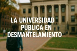 Estudiante frente a un edificio universitario con mensaje sobre desmantelamiento.