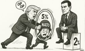 Caricatura de Trump y Sánchez en un debate sobre la OTAN