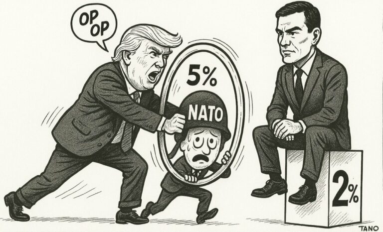 Caricatura de Trump y Sánchez en un debate sobre la OTAN
