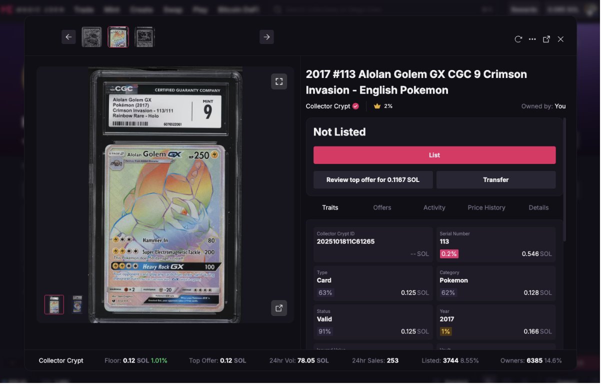 Tarjeta Alolan Golem GX de Pokémon en encapsulado CGC 9