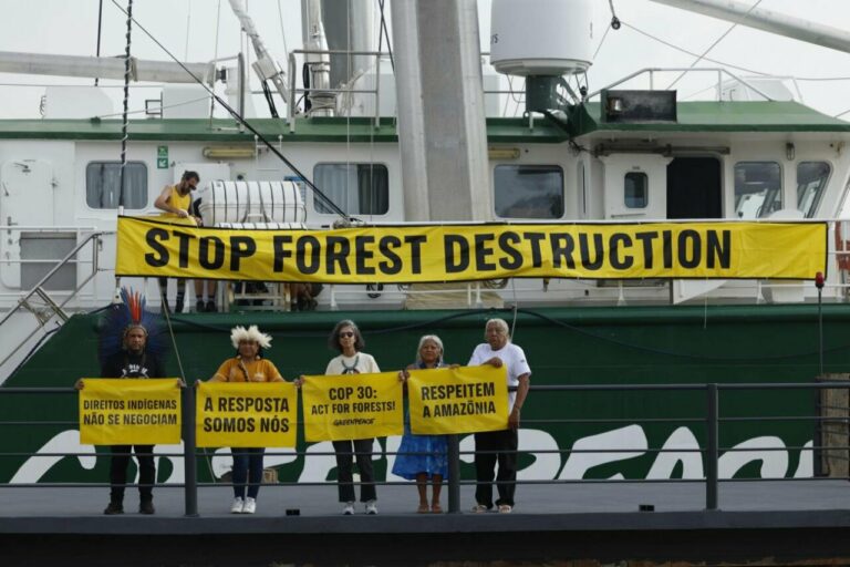 Líderes indígenas piden "respeto, voz y voto" en la COP30. En la imagen posan en una embarcación de la ONG GreenPeace el pasado miércoles, en el puerto de Pará, en la Universidad Federal de Pará (UFPA), en Belém (Brasil). / EFE/ Antonio Lacerda