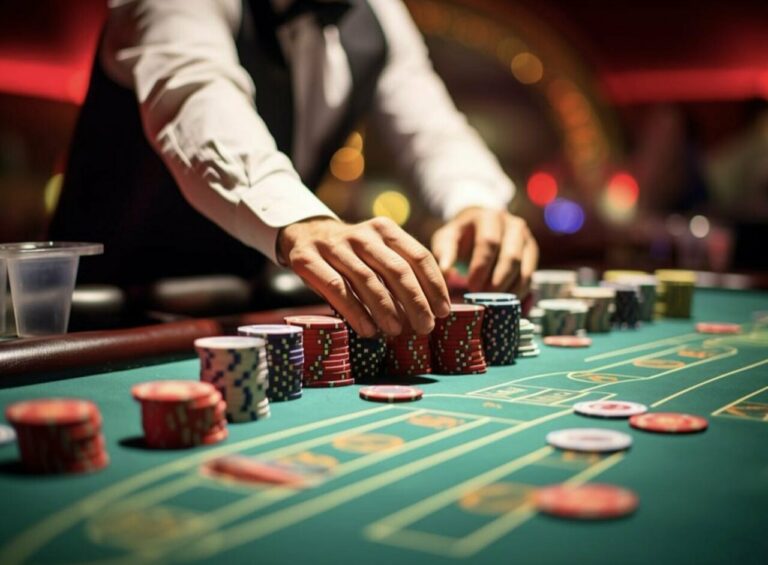 Un crupier organizando fichas en una mesa de casino
