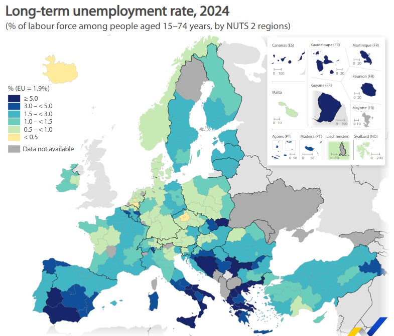Mapa que muestra la tasa de desempleo de larga duración en Europa por regiones.