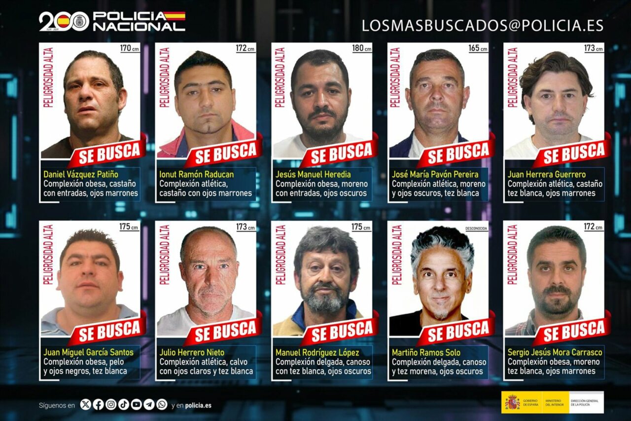 Los diez fugitivos más buscados en España y para los que la Policía Nacional pide la colaboración ciudadana.