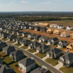 Vista aérea de un vecindario con casas en construcción y viviendas terminadas.