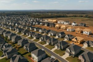 Vista aérea de un vecindario con casas en construcción y viviendas terminadas.
