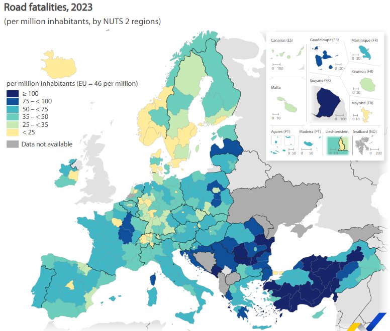 Mapa de mortalidad en carreteras por regiones en la UE en 2023