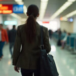 Mujer caminando en un aeropuerto con maleta y chaqueta