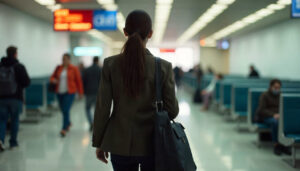 Mujer caminando en un aeropuerto con maleta y chaqueta