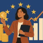 Mujer sosteniendo una moneda de euro frente a gráficos de crecimiento